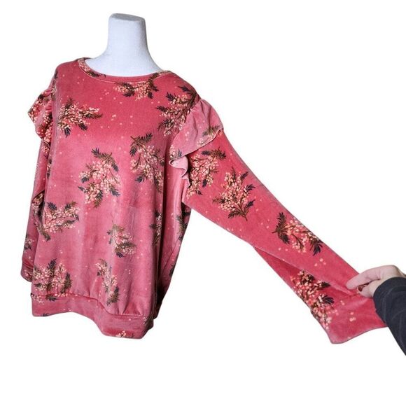 LC Lauren Conrad Fleece Sweatshirt Ruffle Floral Puff Sleeves Womens 1X Pink - Picture 2 of 8